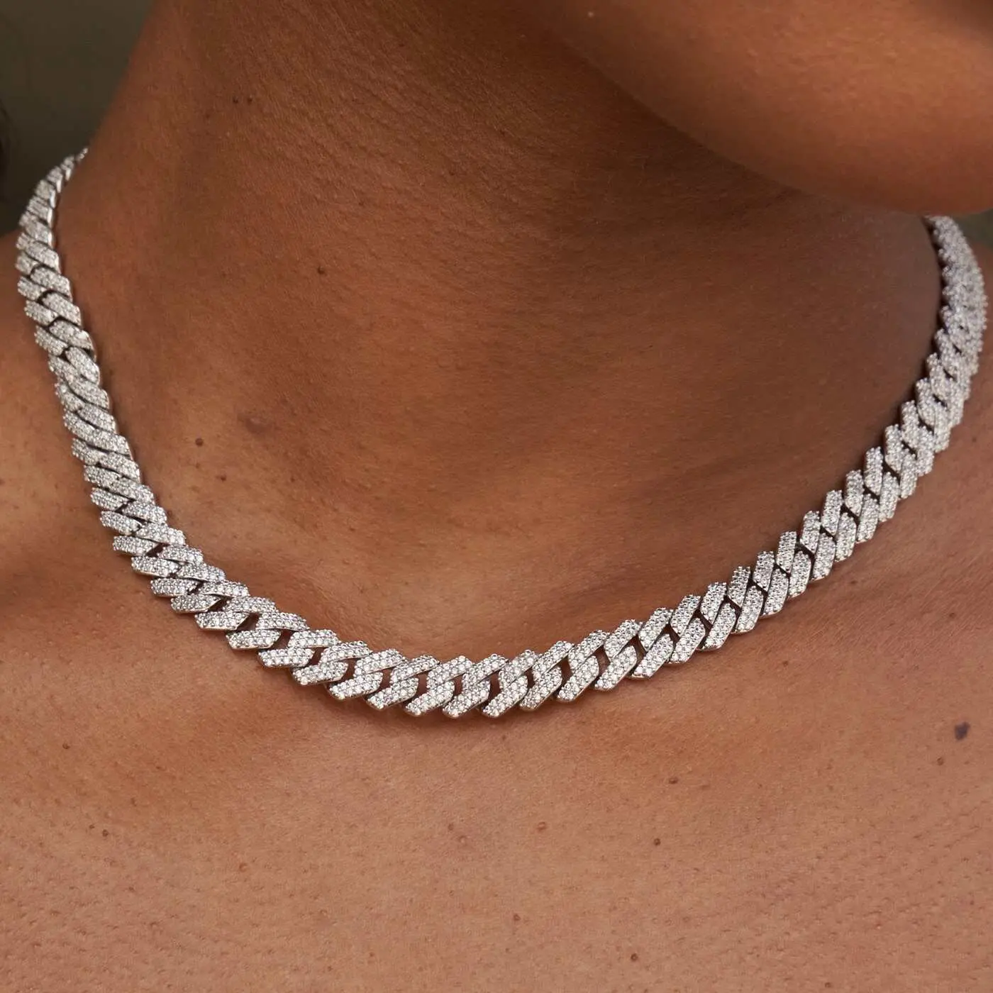 8.5mm Diamond Prong Cuban Necklace - 18k White Gold Plated - Lifetime Guarantee