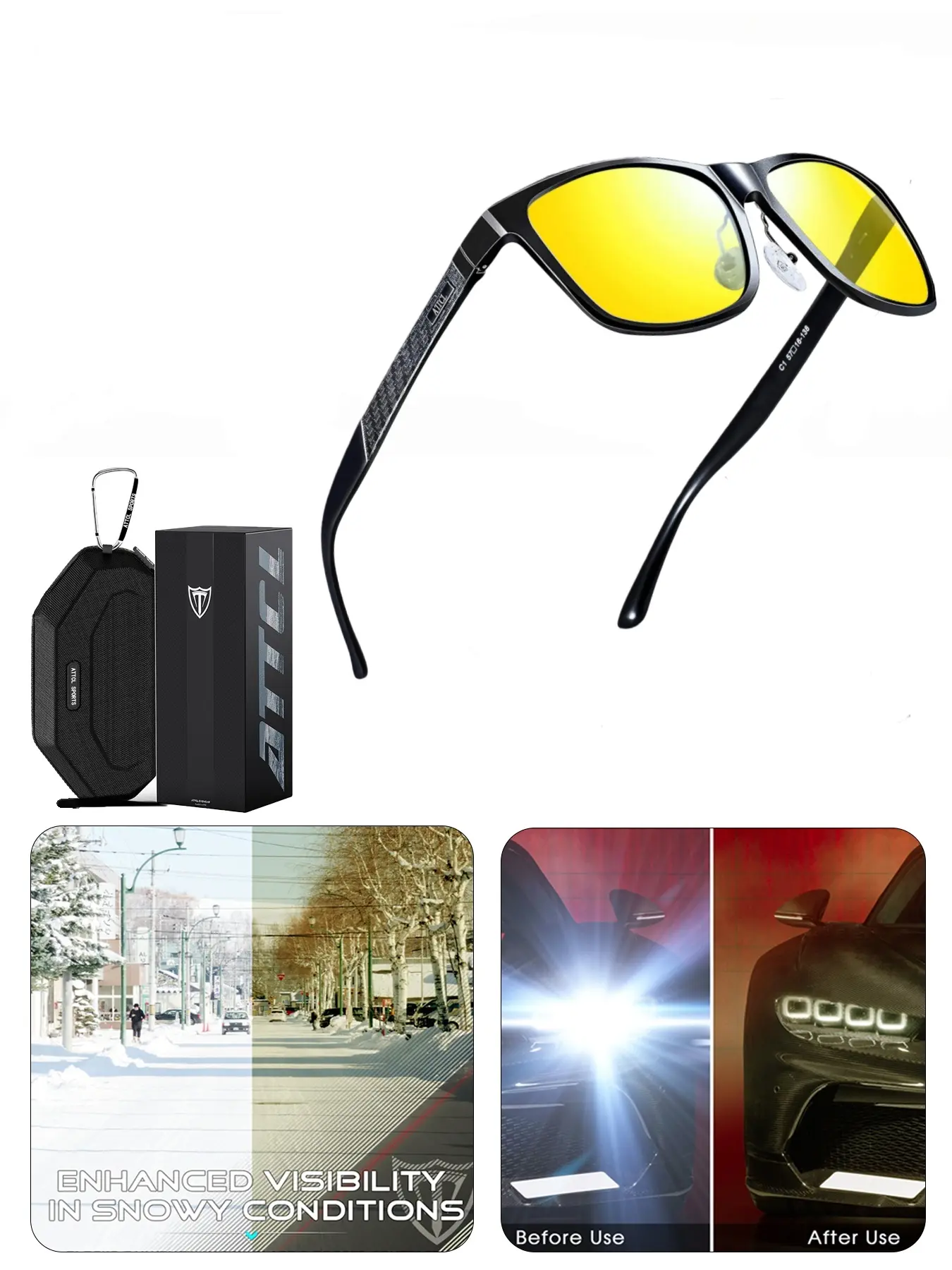 Unisex Yellow Lens Night-Vision Polarized Sunglasses, Driving Eyewear, Lightweight Durable, Ultra-Light Aluminum-Magnesium Frame, TAC HD Lenses, Adjustable Nose Pads, for Night & Snow Driving, Includes Microfiber Cloth, Glasses Case