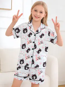 2-Piece Kids Pajama Set, Cartoon Cat Footprint Pattern, Fashion Open-Cardigan Short Sleeve, Flame-Retardant Knit, All Seasons, Party Gift