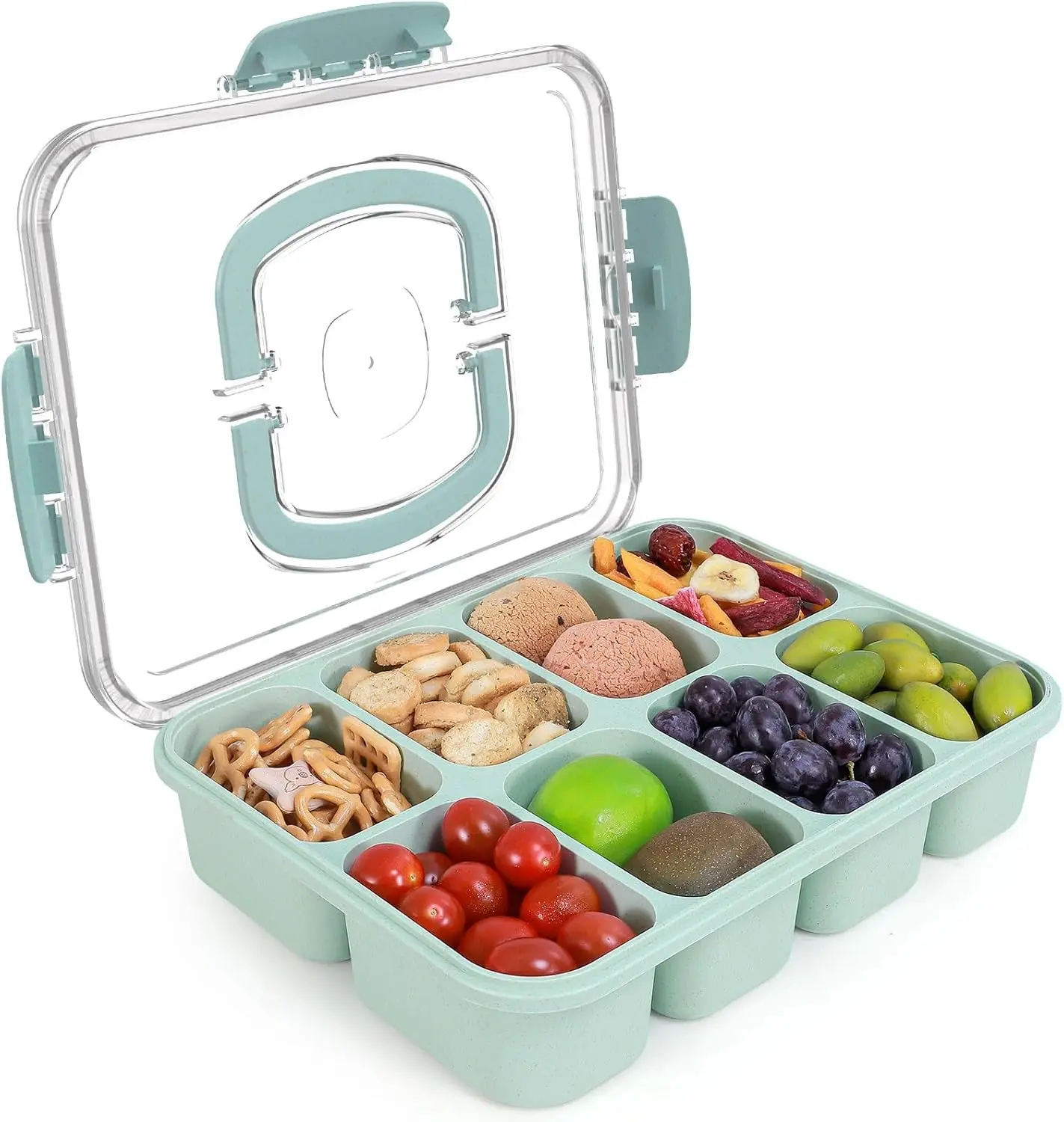 Large 8-Compartment Divided Serving Tray with Lid and Handle Portable Snack Tray for Travel Party Beach Picnic Dishwasher Safe BPA-Free Wheat Straw