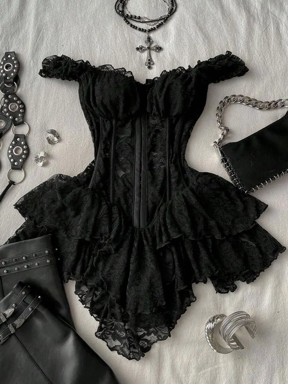 Attitoon Women's Black Summer Goth Corset Lace Bodycon Mini Dress,Vintage Y2K Asymmetrical Hem Elegant Party & Casual,Night Club Music Festival Outfits