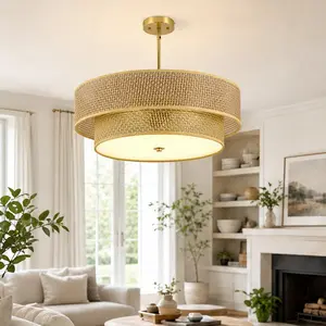 ARCH 17.7 Inch Woven Rattan Linen Semi Flush Mount Ceiling Light Fixture, Modern Boho Drum Lamp, Gold Wicker Chandelier for Bedroom, Kitchen, Dining Room, Living Room, Hallway, Entryway, Farmhouse Coastal Decor, Gold Color Options