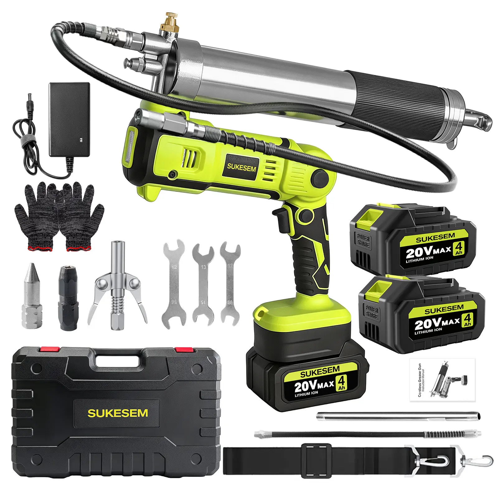 SUKESEM Cordless Electric Grease Gun, 10000 PSI High-Power Lubrication Tool, 3 oz/min Battery-Powered Device with 2×4.0Ah Batteries, LED Lights, 39.4-in Flexible Hose for Automotive Users, Heavy Equipment Tool Upgrade