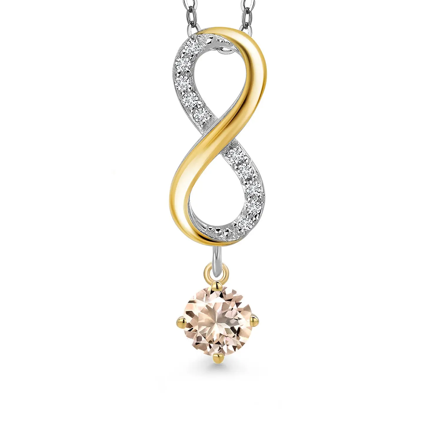 925 Silver and 10K Yellow Gold Peach Morganite and Lab Grown Diamond Pendant Necklace for Women | 0.88 Cttw | Gemstone October Birthstone | Round 5MM | With 18 Inch Chain