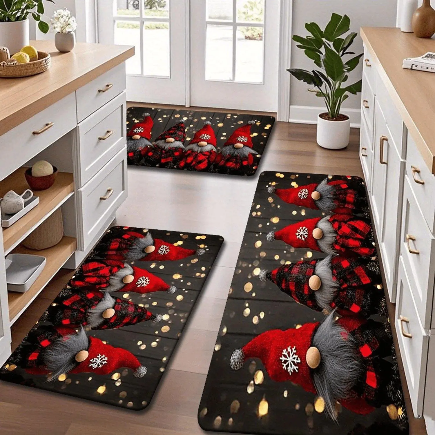 Flannel Christmas Gnome Red‑Black Buffalo Plaid Snowflake Golden Glitter Wooden Background Printed Kitchen Water‑Absorbent Non‑Slip Washable Doormat For Home