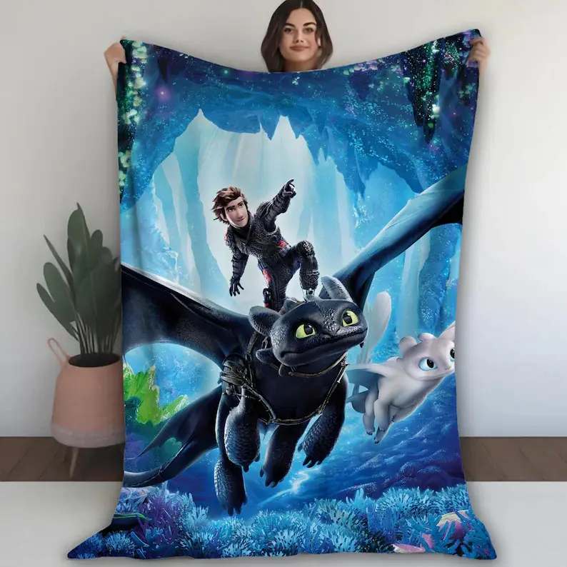 Personalized How to Train Your Dragon Soft Fleece Throw Blanket - Bold Dragon Art, Toothless, Light Fury, Hiccup Graphics, Wrinkle Resistant, Breathable, All-Seasons, Microfiber Poly, Durable Stitching, Kids' Christmas Gift