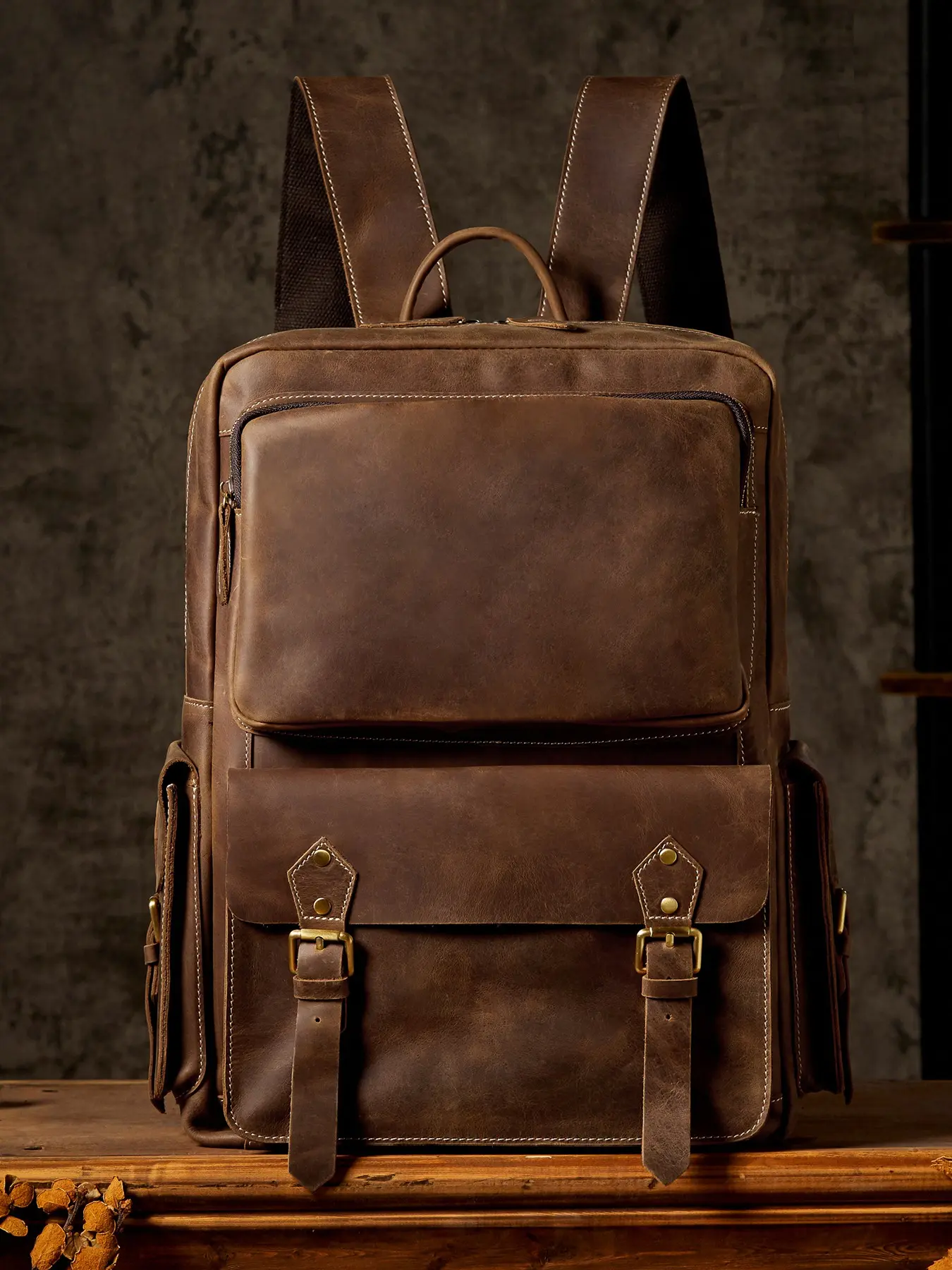 Handmade Top Layer Cowhide Men's Vintage Leather Backpack, Large Capacity Crazy Horse Leather Travel Bag, Computer Motorcycle Backpack