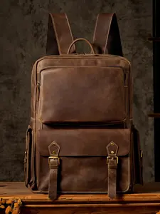 Handmade Top Layer Cowhide Men's Vintage Leather Backpack, Large Capacity Crazy Horse Leather Travel Bag, Computer Motorcycle Backpack