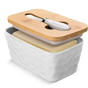 Large Butter Dish with Lid for Countertop Porcelain Butter Container with Knife Double Silicone Seal Butter Dishes with Covers Perfect for West or East Coast Butter, Unique Stone Pattern