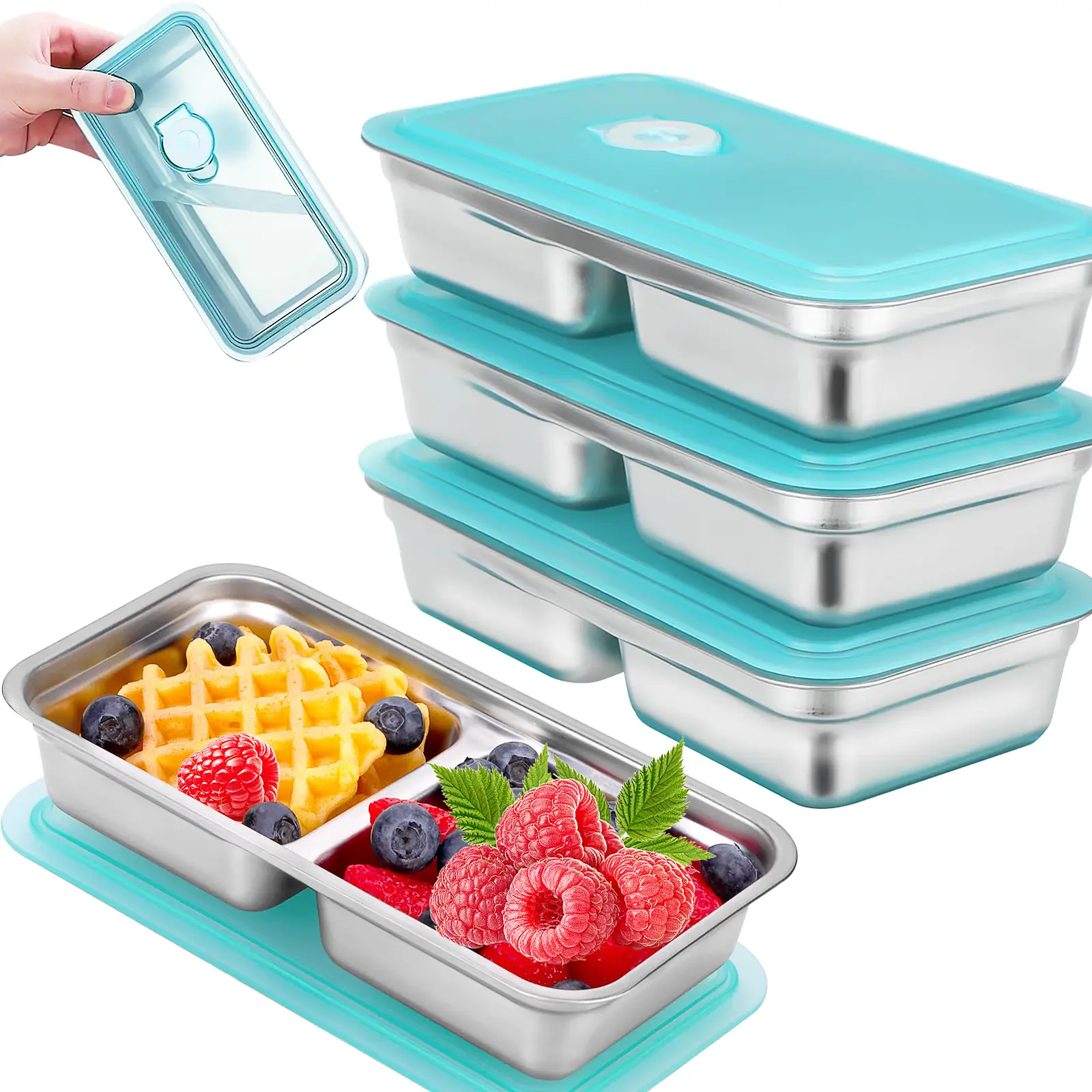 BUY 1 GET 3 FREE Stainless Steel Snack Containers, Grab and Go Snack Containers Reusable, Double Compartment Food Storage Containers with Lids for Travel and Outdoor Camping Kitchen Utensils