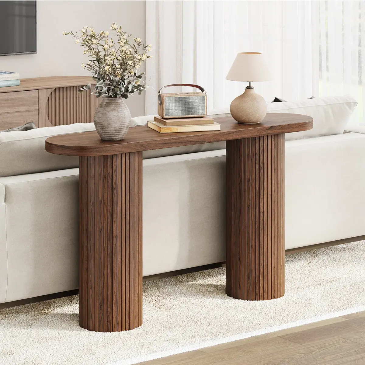 【SummerFinds】ONBRILL 55'' Tambour Console Table with Oval Tabletop - All-Wood Contemporary Pedestal Table, Indoor Furniture for Entryway, Living Room & Room Decor, Living Room Decor