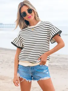 Black Stripe Scallop Lace Trim Ruffle Short Sleeve Crewneck Top for Women, Casual Striped Blouse