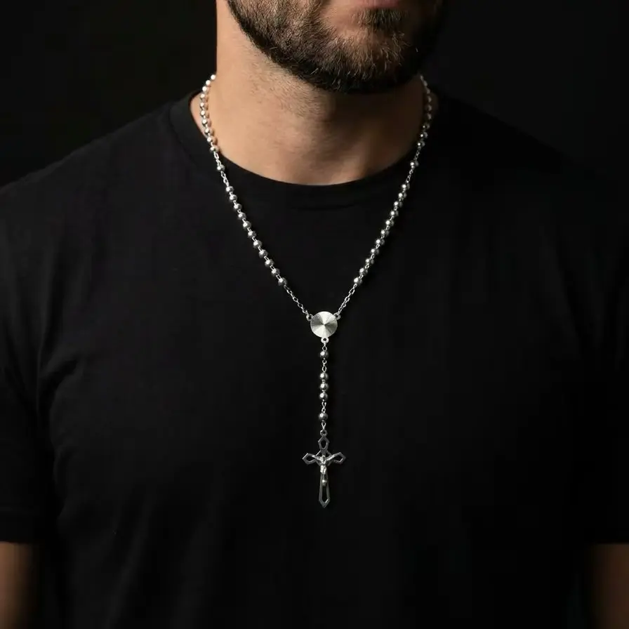 925 Sterling Silver Classic Polished Beaded Rosary Cross Necklace for Men & Women, Religious Jesus Pendant with 16-24 in Adjustable Chain, Daily Wear Accessory, 16 To 24 Inches, Beaded Rosary Chain, Casual, Cross Necklaces, Beading