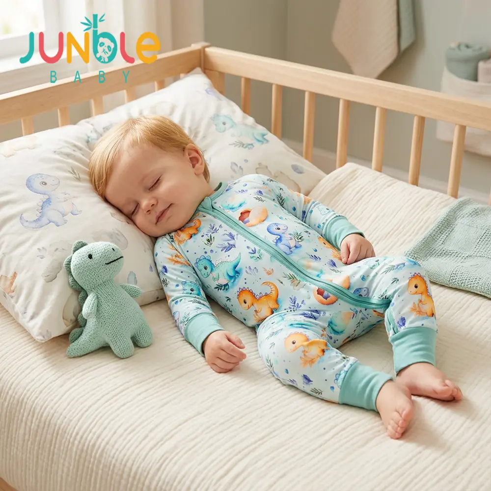 Junblebaby Natural Bamboo Fiber Baby Onesie,baby bamboo zipper romper,baby romper, Cute Watercolor Dinosaur & Dino Egg Full Print Long Sleeve Romper with Two-Way Zipper, Breathable Daily Loungewear for Toddler Boys 0-3 Years Old mitten cuff foot