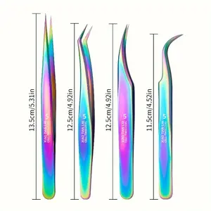 4pcs Precision Eyelash Extension Tweezers, High Clarity, Nail Stickers and Rhinestones, Silver Color Rainbow Titanium