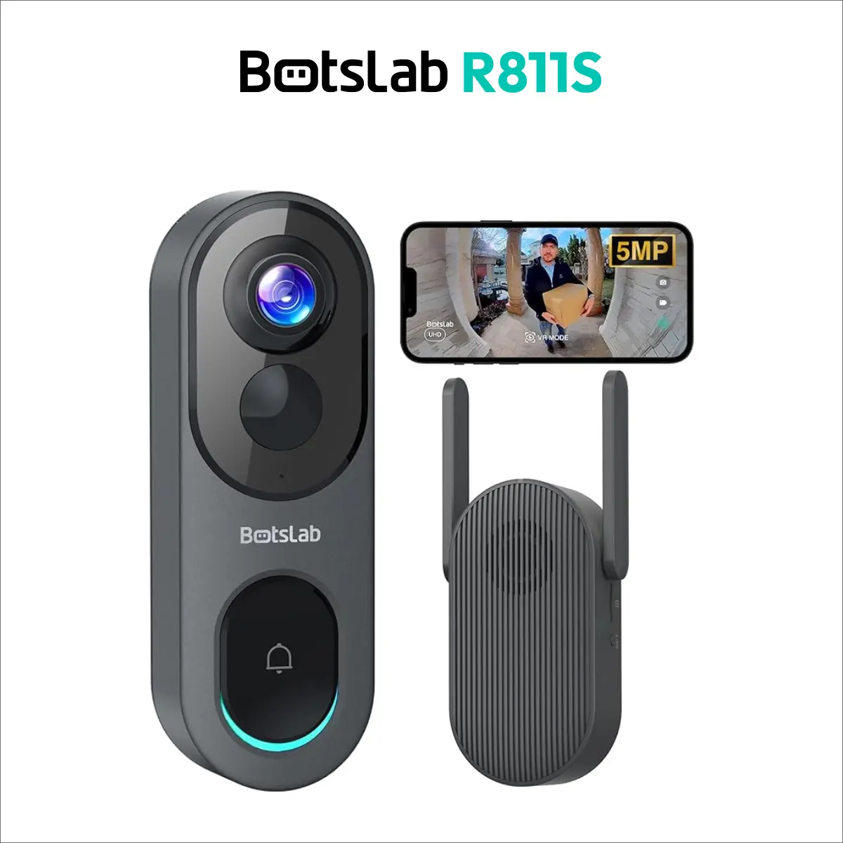 Botslab 5/3MP Doorbell Camera Wireless, 360° Panoramic View, No Monthly Fee, 1:1 Head to Toe, 5MP Video Doorbell Battery, 2.4GHz Home, doorbell camera