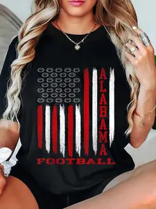 100% Cotton Unisex Patriotic USA Flag Alabama Football Season Party Round Neck Short Sleeve T-Shirt Women's Men Graphic Tee