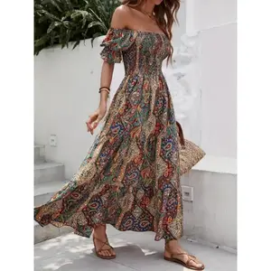 Vibrant Boho Chic Off-Shoulder Floral Print Maxi Dress for Women - Paisley Pattern, Flounce Sleeve, High Waist, Ruffled Hem, 100% Polyester, Non-Stretch Woven Fabric - Perfect for Beach & All Seasons Casual Womenswear