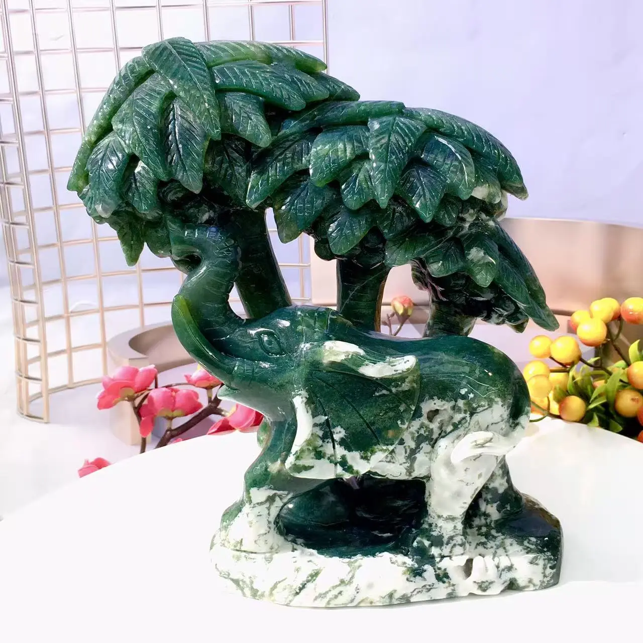 Moss Agate Elephant Figurine, Hand Carved Gemstone Statue, Good Luck Healing Crystal Ornament for Home Office Desk Decor, Natural Look, Animal, Home Ornament, Healing Natural Crystal Decorations, Collectibles, Elegant Natural Crystal Decorations