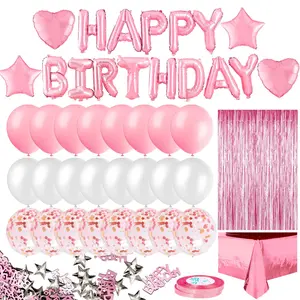 Pink Birthday Party Decorations Set – Happy Birthday Banner, Rose Gold Fringe Curtain, Foil Tablecloth, Heart & Star Confetti Balloons for Women & Girls Parties