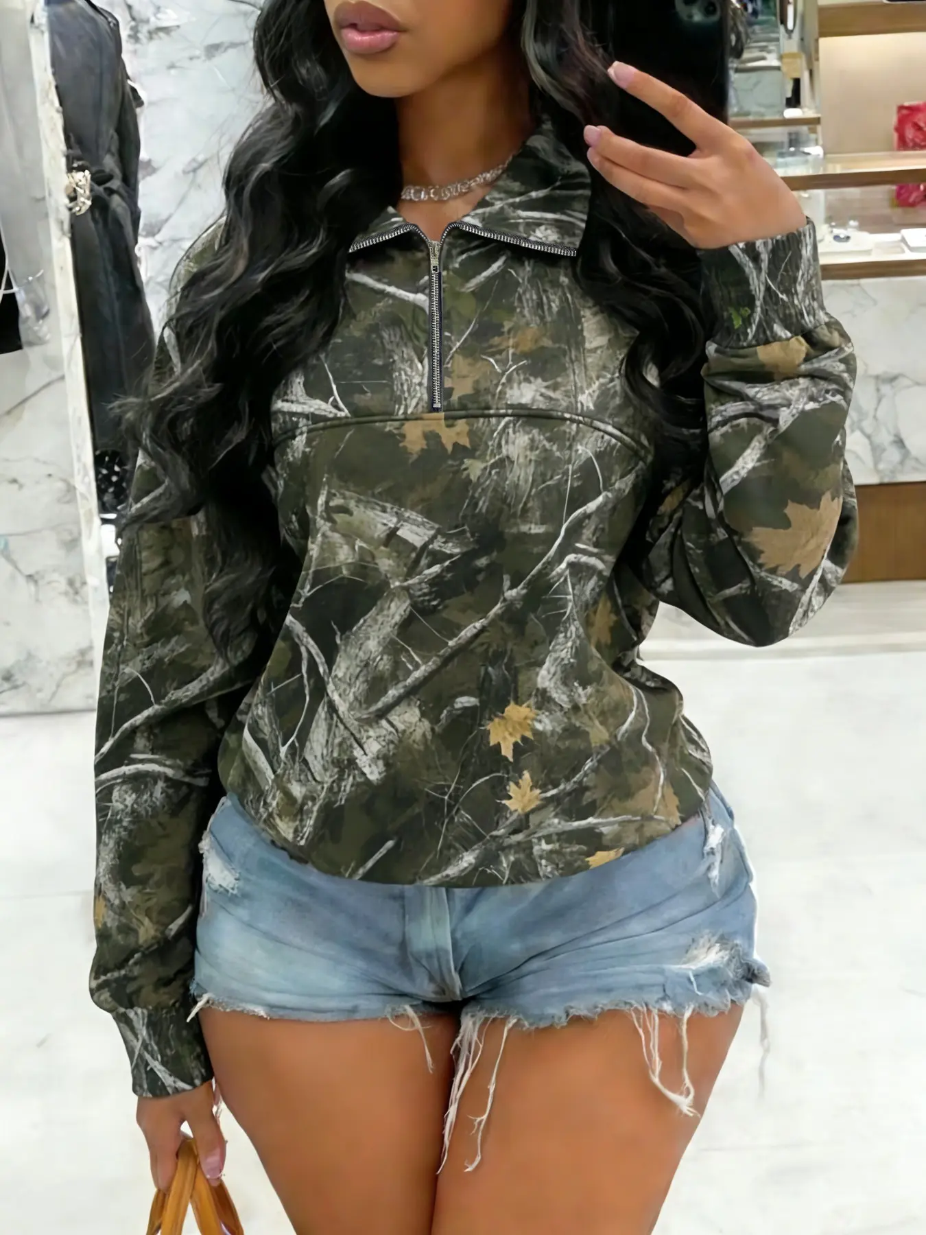 Women's Loose-Fitting Long Sleeve Zip-Up Collared Hoodie with Camo Print, Casual Basic Womenswear Back to School Sweater Sweatshirts, Fashion Casual Sweatshirt for Fall & Winter, Perfect Teacher Attire, Trendy Hoodie Sweatshirt