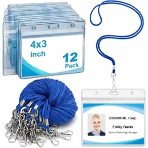 12 Pack Lanyards for ID Badges Blue Lanyard with ID Holder and Clear Plastic Horizontal Badge Holder 4"x3" Wateproof ID Card Holders