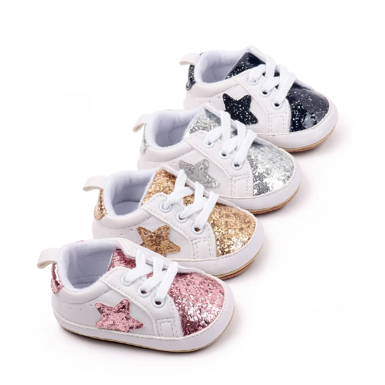 Baby Sneakers Contrast Color Sequins Shoelace Soft Sole Non-Slip Infant First Walking Shoes for Spring & Fall
