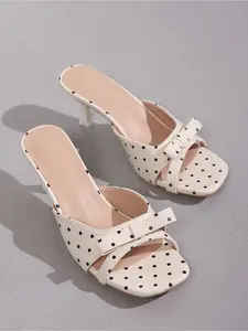 Polka Dot Bow Accent Kitten Heel Sandals for Women, White PU Open Toe Slip-On Shoes for Vacation