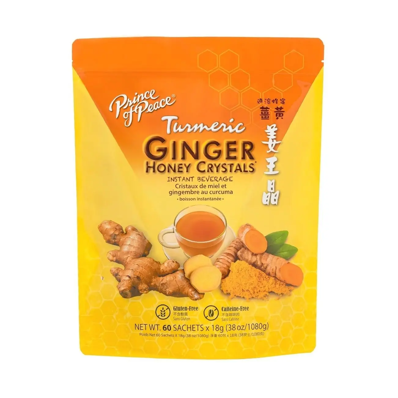 Prince of Peace Instant Ginger Honey Crystals with Turmeric, Value Pack 60 Sachets – Instant Hot or Cold Beverage Easy to Brew – Drink Like a Tea – Caffeine and Gluten Free – Real Ginger 38oz (1080g)undefined