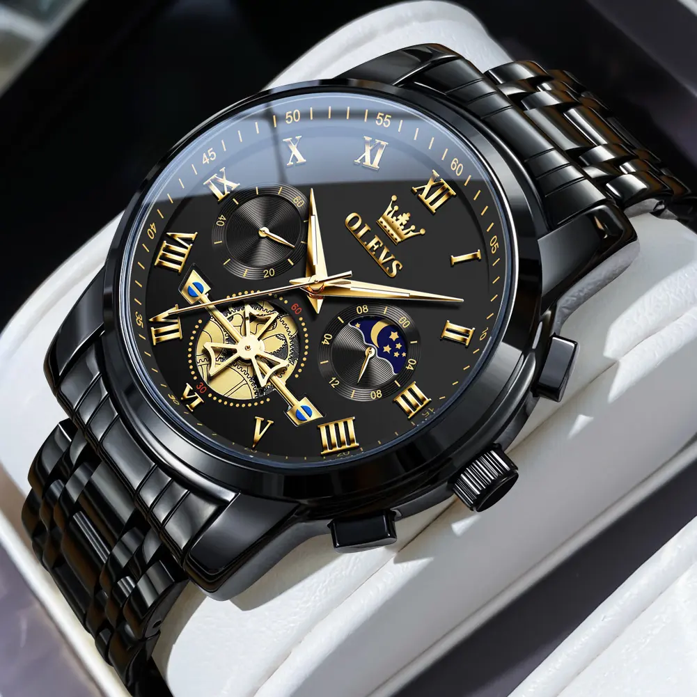 OLEVS Men's Luxury Business Chronograph Quartz Watch Black Stainless Steel Waterproof Luminous Roman Numerals Analog Wristwatch Mechanical Style 30M Waterproof Fashion Casual Trendy Male Watch Set Perfect Birthday  Anniversary Gift with for Men 2859