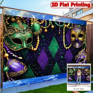 2D FLAT Banner, 1pc Mardi Gras Mask Design Style Green Purple, Polyester background banner, suitable for living room, bedroom and other indoor and outdoor decoration, is a perfect home decoration for parties and festivals