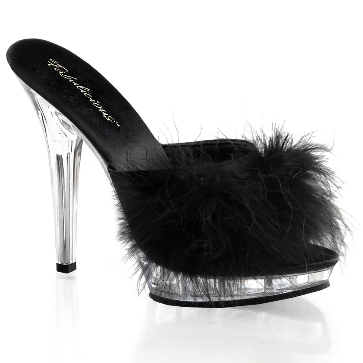 Women's Marabou Feather Statement Shoes - Black Slide Sandals with 5-Inch Stiletto Platform for Weddings and Proms, Heels, Elegant Fashionable Sandals, Open Toed Sandals