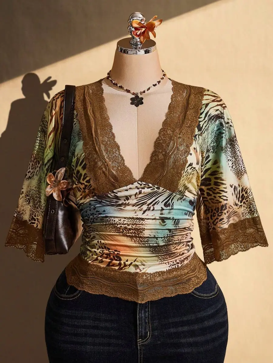 CurveHaus ICON Plus Size Y2K Vintage Sexy Leopard Print V-Neck Lace Patchwork Flare Sleeve Top
