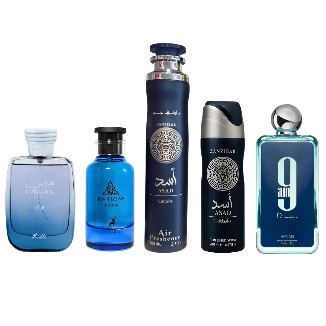 Lattafa 5-Piece Bundle Set - Hawas Ice, Jean Lowe Azure, 9am Dive Unisex Fragrances, Asad Zanzibar Air Freshener, Asad Zanzibar Deodorant, Five Pieces
