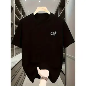 Men's Casual Summer Sports Top - "CR7" Graphic Print, Black Short-Sleeve Seamless Menswear Tee with Golden Accents, Lightweight Polyester-Cotton Fabric, Comfortable Fit for Casual Streetwear Attire