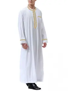 Saudi Arabia Middle Eastern Muslim Men's Long Robe with Gold Trim, Ethnic Clothing, Spring & Fall, Contrast Binding, No Padding