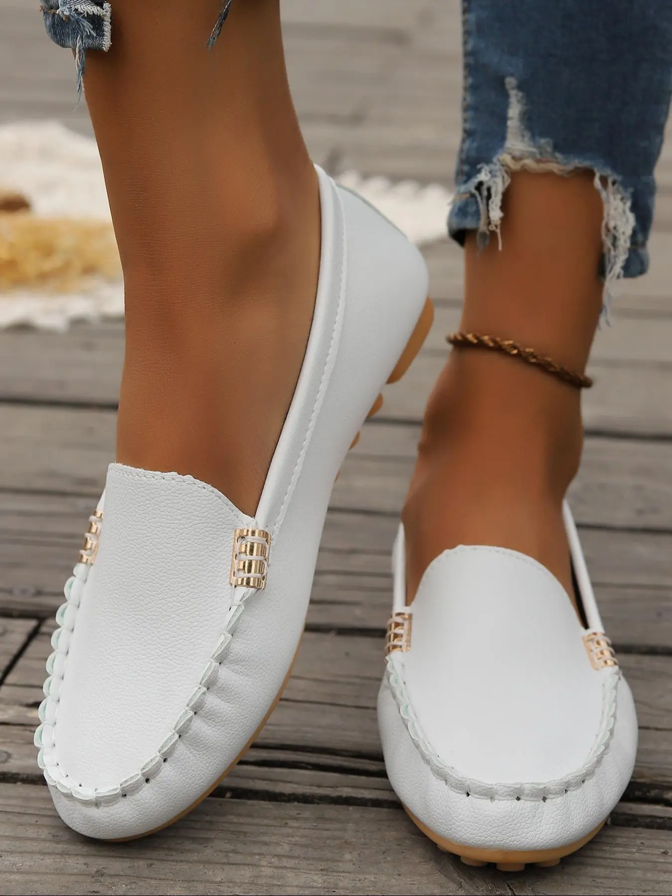 Women's Fashionable Solid Color Slip-On PU Leather Round Toe Loafers, Walking Shoes, Casual Comfortable Flat Shoes for Daily Wear, Lightweight Breathable Shoes for Women, Casual Flats, Casual Flat Footwear