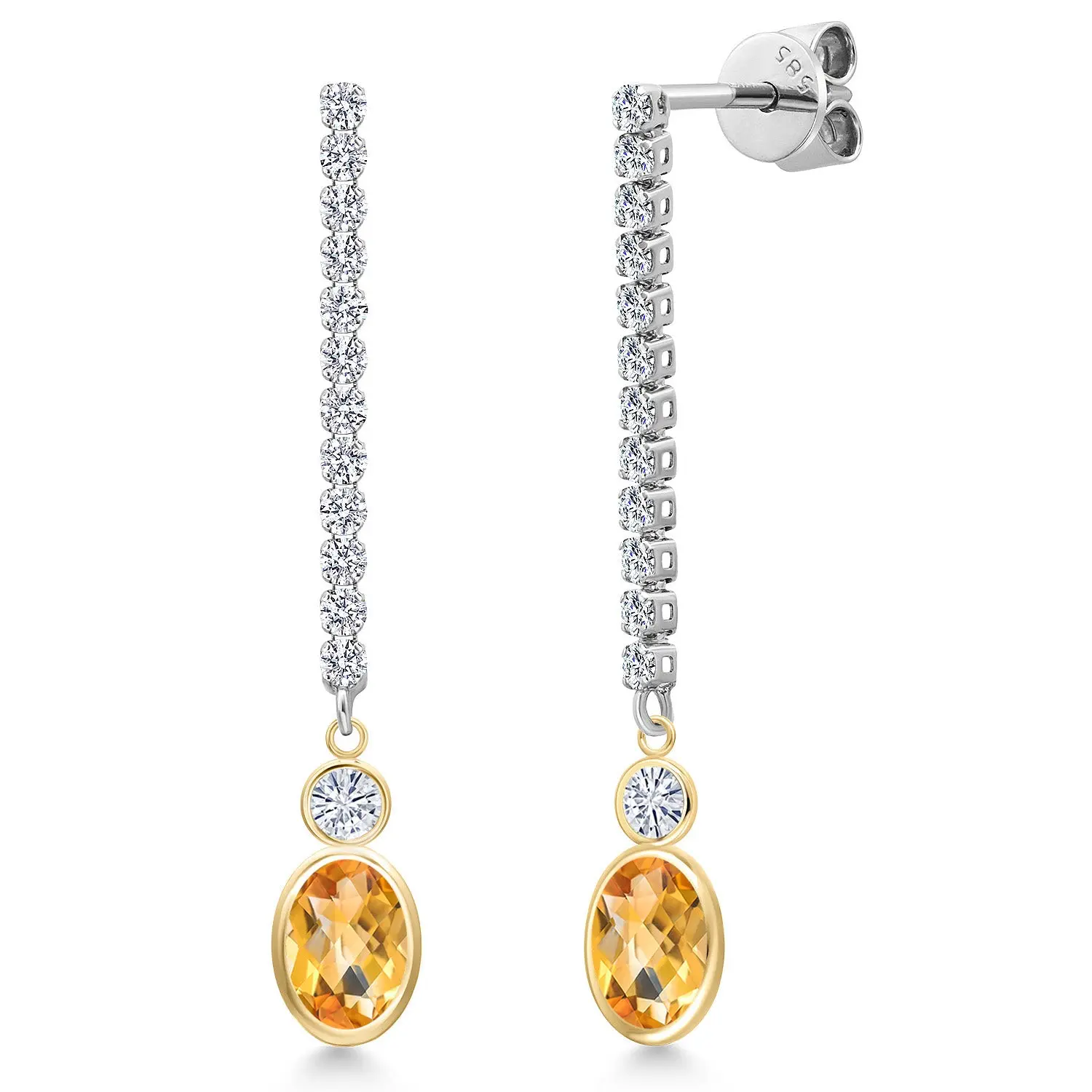 14K Two Tone Gold Yellow Citrine and White Moissanite and Lab Grown Diamond Dangle Earrings for Women | 2.13 Cttw | Gemstone November Birthstone | Oval Checkerboard 7X5MM