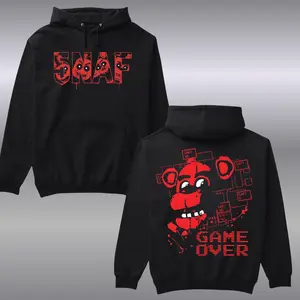 Five Nights at Freddddy’s Game Over Hoodie – Horror Gamer Pullover with FNAF Animatronics Graphic, Creepy Hoodie for Halloween & Spooky Fans,  Long Sleeve Casual