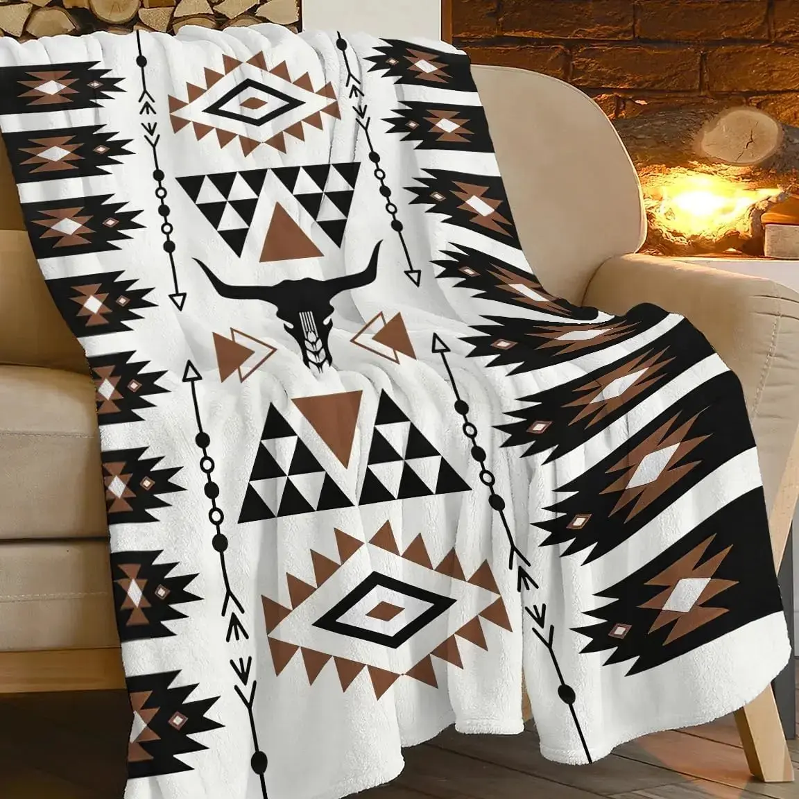 Western Cowboy Blanket, Boho Aztec Longhorn Bull Skull Throw Blanket, Soft Cozy Fleece Flannel Blanket for Couch Sofa Bed, Rustic Farmhouse Home Decor Gift for Men Women