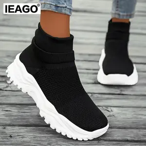 IEAGO Women's High Top Slip-on Casual Walking Running Shoes Cushion Comfy Mesh Jogging Daily Sports Sneakers Black Trainer Athletic Footwear