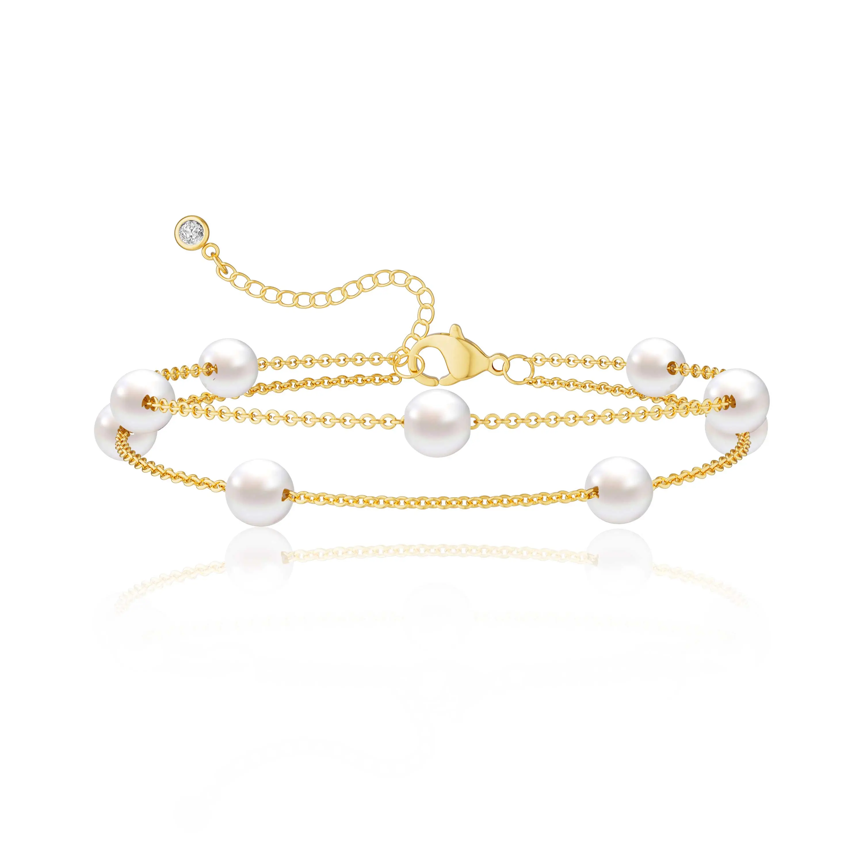 Tewiky 14K Gold/Sliver-Plated Double-Layer Bracelet (Hard Material Pearl O-Ring Chain / Single Lobster Clasp with Pearl Pendant), Valentine's Day Gift, Elegant Design, Suitable for Various Occasions