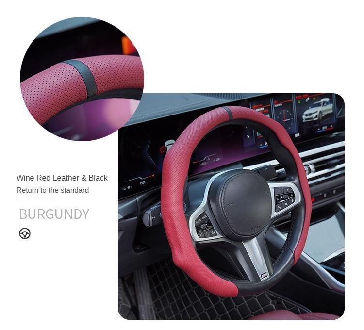 Napa Leather Steering Wheel Cover - Quick Turn Non-Slip Breathable Ultra Thin Universal Fit for All Seasons Car Interior Kit - Brown Leather & Red