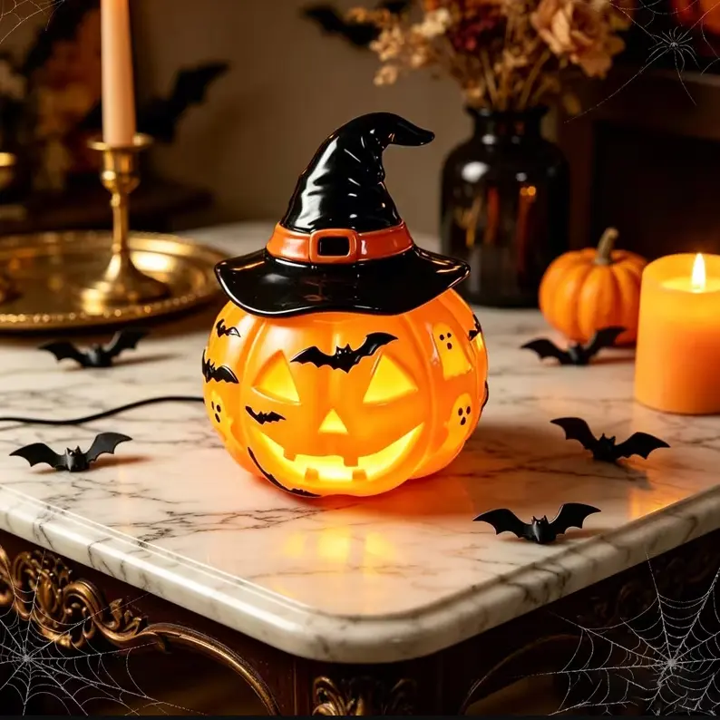 Light Up Halloween Pumpkin Figurine with Witch Hat - Spooky Lantern Decor Featuring Bats and Ghosts Silhouettes, Warm LED Glow Night Light for Indoor Home Tabletop Fall Decor, Party Supply Collectible Buildings, USB Power Supply, Halloween Gifts