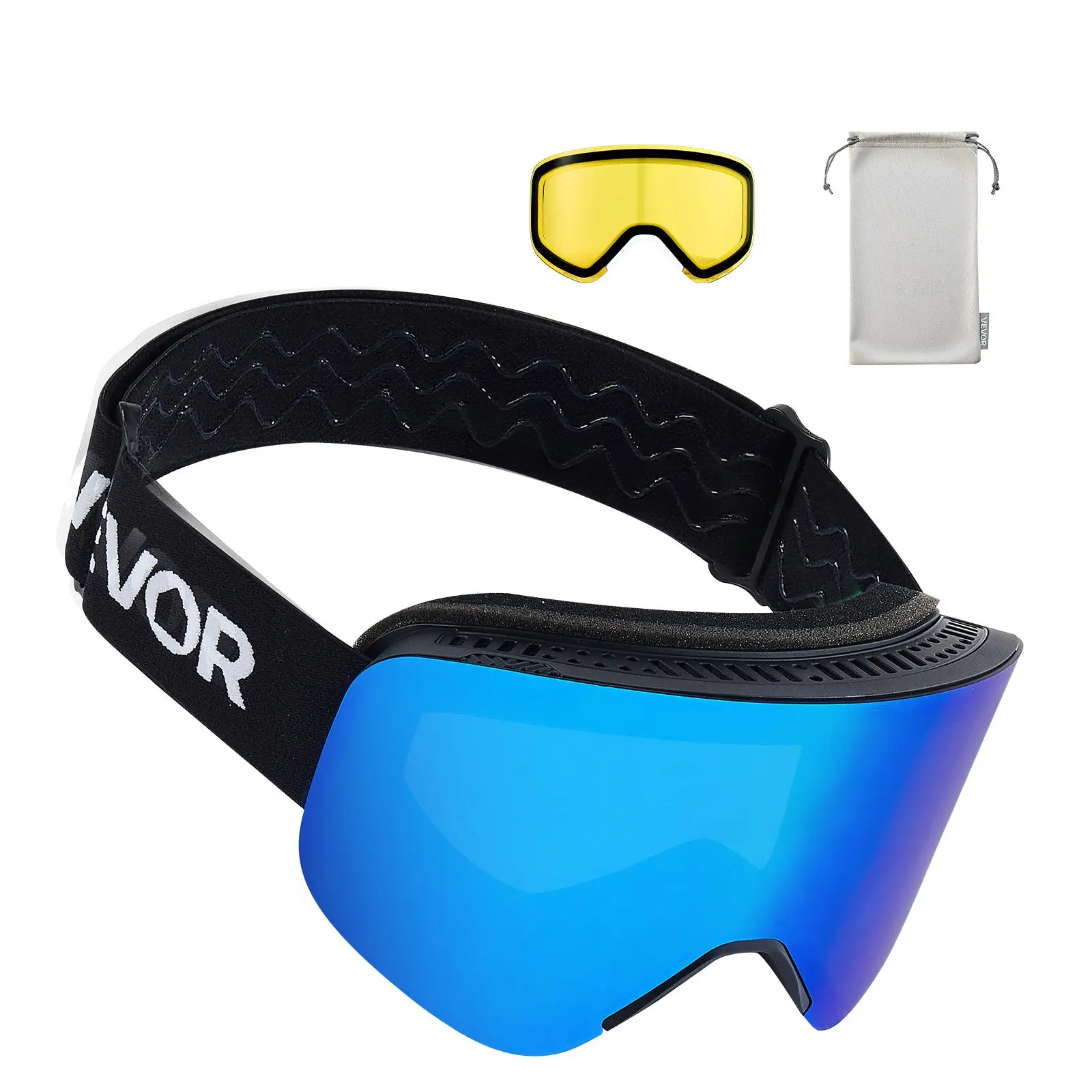 VEVOR Frameless Ski Goggles, Magnetic Swap Dark Blue Revo Cylindrical Lens, OTG Anti-Fog Vent TPU Frame, Adjustable Snug Secure Fit for Men Skiiing/Skating Snowboarding