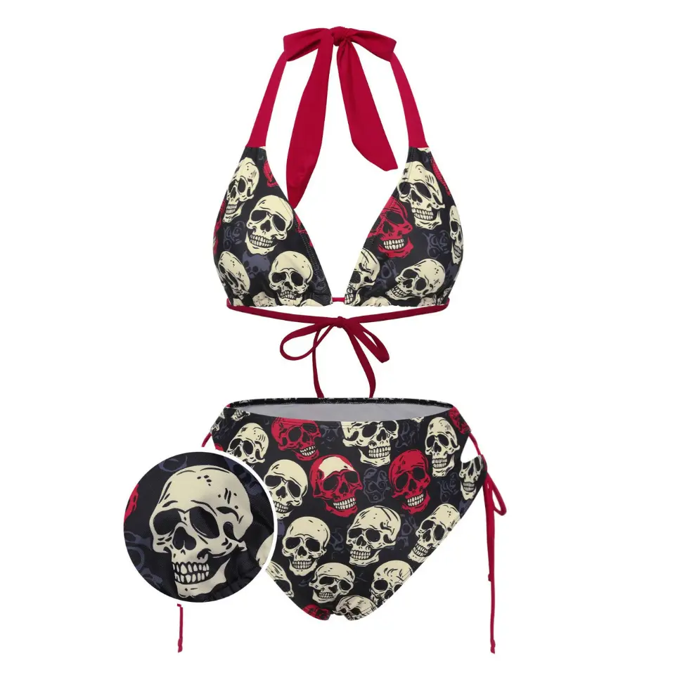 RETRO STAGE Women's 1950s Style Edgy Skull Print Spandex Bikini Set - Halter Swim Top, Mid-Rise Bottoms, High-Stretch 2-Piece Stylish Bathing Suit for Beach Use, Stylish Swimsuit, Beachwear Swimsuit, Bikini Sets, Bikini Bottom Swimwear, Swimsuit For Women