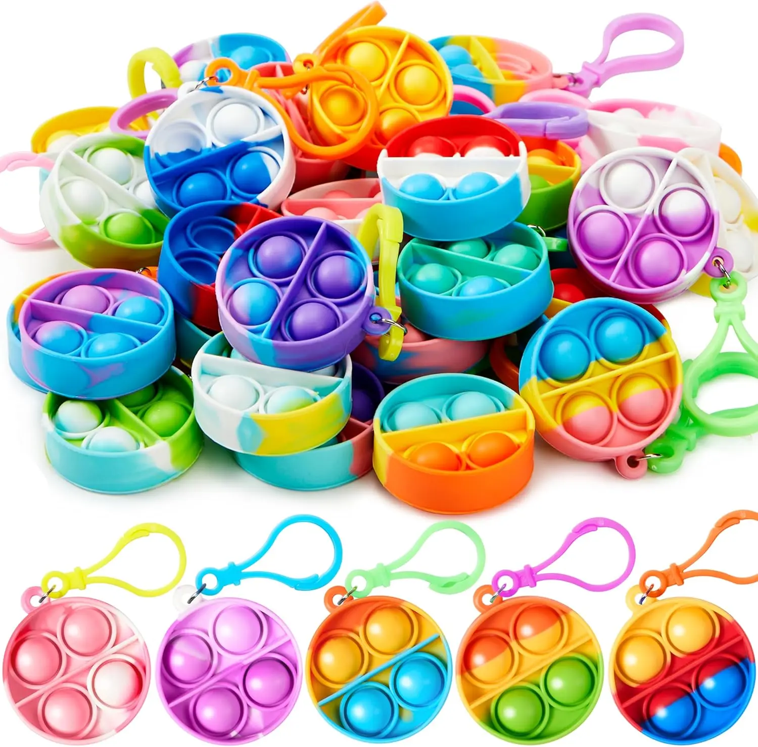 Round Pop Fidget Keychain 30 Pack for Kids 4-8, 8-12 Years - Goodie Bag Stuffers, Classroom Prizes, Birthday Sensory Toys & Gifts