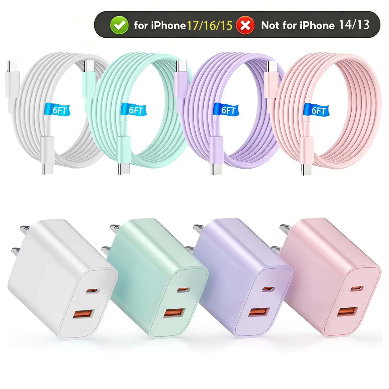 PD 20W USB-C + 18W USB-A Dual-Port Colorful Wall Charger Set,  a 6-Ft Durable USB-C Cable  20W Android Fast Charging Wall Charger,  for  iPhone 17/17 Pro Max/16/16 Pro Max/15/15 Pro/iPad and Samsung Ultra26/S25+/S25/S24/S23/S23+/S22/S22+/S21 Ultra/S20. Sm