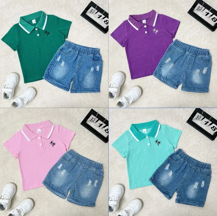 Ready Stock 3-7Y Little Boys Summer Outfits OOTD Coconut Palm Polo Shirt Ripped Denim Shorts 2Pcs Clothes Set S112203752