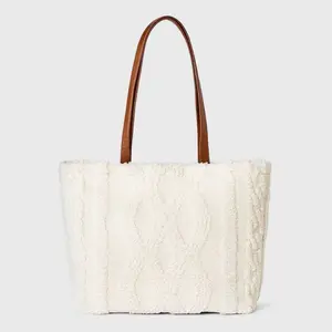 Cozy Alpine Cable Knit Faux Shearling Reversible Tote Handbag - Universal Thread Cream
